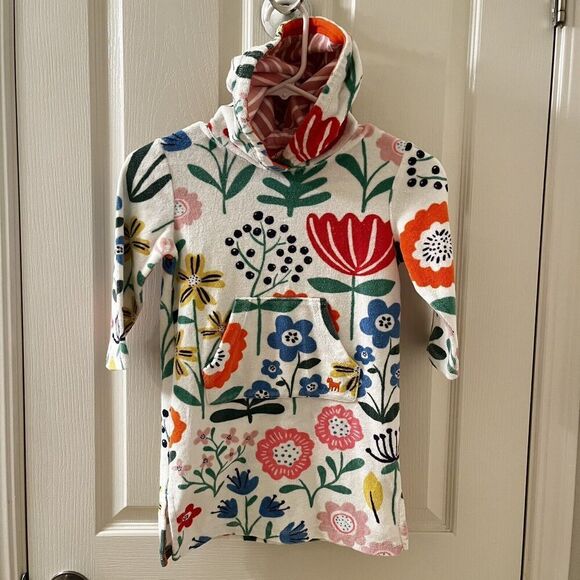 Mini Boden White Floral Swim Dress Cover Up Towelling Terry Hooded Girls SZ 3-4 - Picture 1 of 12